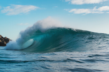 Dynamic ocean wave crashing against rocks under a clear blue sky