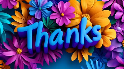 Fototapeta premium Colorful 3D text 'Thanks' surrounded by vibrant flowers in shades of blue, purple, orange, and pink.