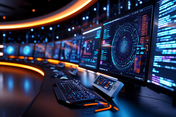 Tech skills training. High tech computer setup with multiple screens displaying data and graphs, showcasing advanced technology and AI development