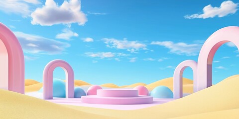 Fototapeta premium Pastel desert landscape with arches, podium. Colorful arches, round objects stand against light yellow sand dune scene. Bright blue sky filled with soft white clouds. Minimalist style with 3D effect.