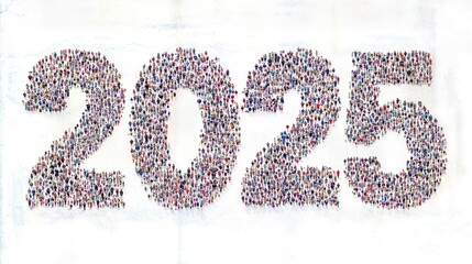 Large letters "2025" made from positive images of love and life