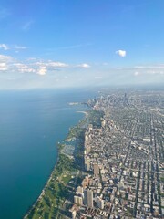 Obraz premium aerial view of Chicago, Lake Michigan aerial photo, Chicago skyline drone shot, Chicago cityscape, Lake Michigan skyline, Chicago aerial photography, downtown Chicago aerial, Chicago skyscrapers view,
