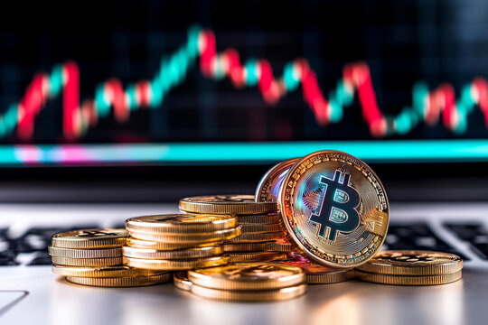 Tech skills training. Digital currency coins stacked on laptop with stock market graphs in background, symbolizing cryptocurrency trading and investment opportunities