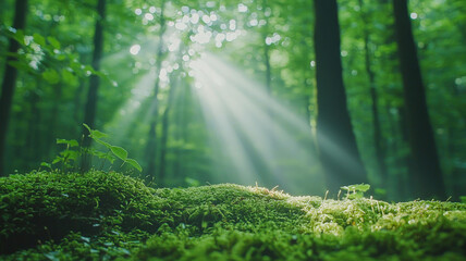 Fototapeta premium A serene forest scene featuring rays of sunlight filtering through a dense canopy, creating a peaceful atmosphere while illuminating the moss-covered ground, highlighting nature’s beauty.