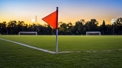 A soccer field's corner flag with a focus on the flag's fabric texture, outdoor setting during twilight, Crisp style