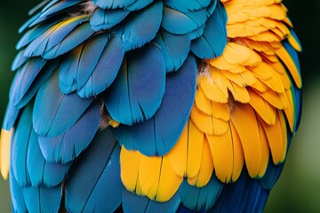 Obraz premium Vivid Blue and Gold Macaw Feathers Close up Exotic Bird Texture Nature Photography