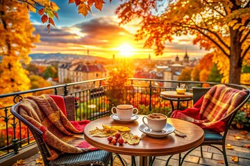 Obraz premium Cozy Autumn Cafe with Outdoor Terrace Overlooking Fall Cityscape, Perfect for Coffee Breaks and Relaxation Amidst Colorful Foliage and Warm Atmosphere