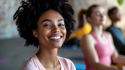 Happy woman smiling in a fitness class.