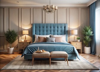 Fototapeta premium Cozy Bedroom with Wooden Headboard in Blue and Beige Tones - Velvet Bedding, Pillows, and Carpet in Modern Minimalist Interior Design