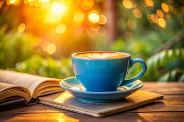 Fototapeta premium Cozy Blue Coffee Cup with Heart Design on Saucer Next to Open Book, Perfect for Relaxation and Reading Moments, Ideal for Lifestyle and Home Decor Photography