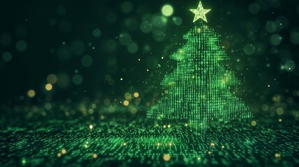 Digital greeting card with text in numbers 2025 in green tones, Christmas and New Year, digital code, binary streams and technologies in the form of a Christmas tree depicting the flow of cyber data