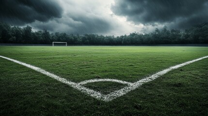 Obraz premium A soccer field's corner kick area with grass worn down by frequent play, outdoor setting with heavy rain clouds, Dramatic style