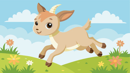 Obraz premium Playful young goat jumps happily across a vibrant meadow filled with colorful flowers under a bright sky