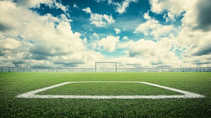 A soccer field's penalty spot, outdoor setting with dramatic clouds, Dramatic style