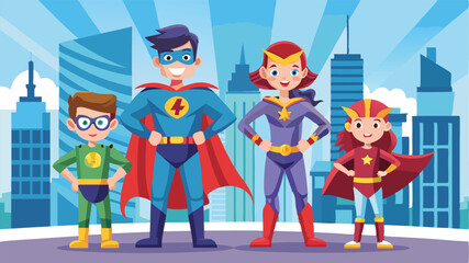 Naklejka premium Superheroes in colorful costumes stand confidently in a vibrant city skyline showcasing teamwork and adventure