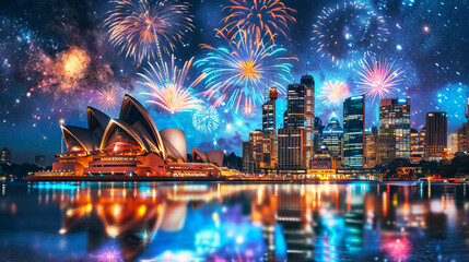 Obraz premium Grand spectacular nighttime fireworks display illuminating the starry sky in Australia Day