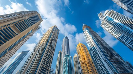 Low-angle view of skyscrapers against a bright blue sky.