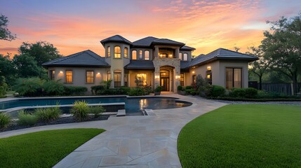 Luxurious home at sunset with pool and landscaped yard.