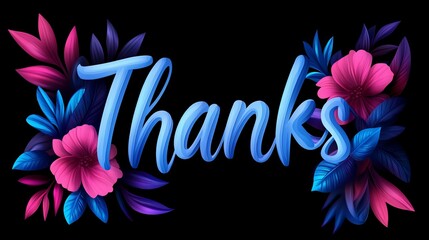 Obraz premium Vibrant 'Thanks' text surrounded by colorful leaves and flowers on a black background.