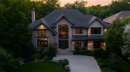 Luxurious house at dusk, aerial view.