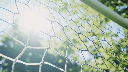 A soccer goal with a focus on the netting and goal frame, outdoor setting with natural light, Clean style