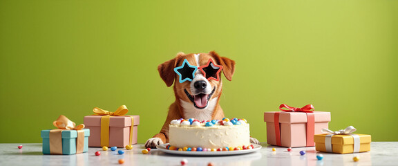 Happy dog with birthday cake and gifts on green background