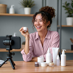 A smiling woman showcases skincare products while filming a video. This image is perfect for beauty tutorials, marketing campaigns, and social media content related to skincare