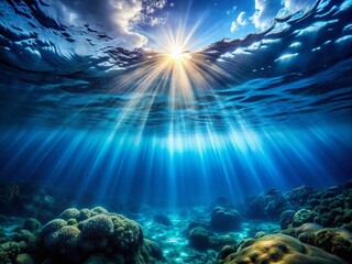Naklejka premium Dark Blue Underwater Scene with Sunrays Illuminating the Empty Sea Floor, Perfect for Backgrounds and Marine-Themed Projects - Capture Tranquility of the Ocean Depths