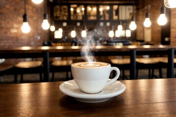 A beautifully arranged coffee setup in a trendy caf&eacute;: a steaming cup of cappuccino with intricate latte art sits on a wooden table, surrounded by a croissant