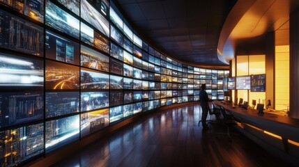 Modern Control Room with Large Screen Displays and Operator at Work