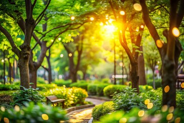 Obraz premium Defocused Bokeh Background of Lush Garden Trees on a Bright Sunny Day, Capturing Nature's Vibrant Colors and Tranquility in Urban Exploration Photography