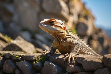 A majestic lizard perched atop a crumbling stone wall, its scales shimmering in the warm sunlight.
