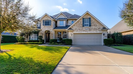 Luxurious stone house with landscaped yard, driveway, and garage.