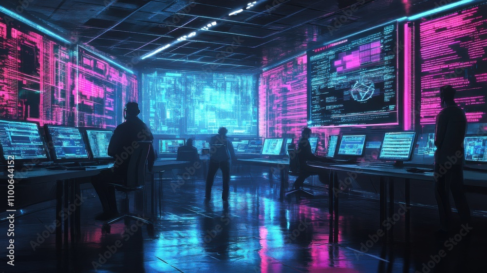 Poster high-tech cybersecurity operation with futuristic computer screens