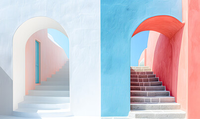 Two contrasting staircases viewed through Mediterranean-style arches; elements of minimalism; color palette of soft pastels, coral and blue; Cycladic architecture common to the Greek islands. 