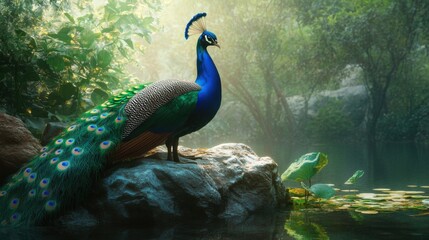 Obraz premium Majestic Peacock Displaying Feathers Near Tranquil Water Scene
