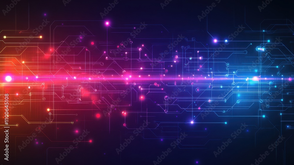 Poster abstract technology background with colorful circuit lines and nodes