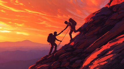 Obraz premium Silhouetted hiker conquers the mountain peak at sunset, embracing freedom and adventure
