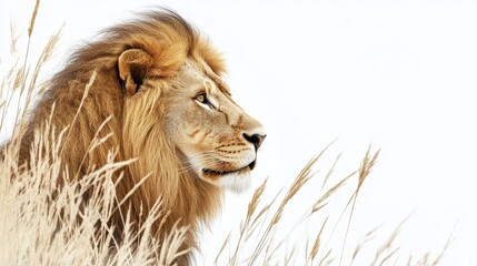 Regal Lion in Golden Savannah Grass Against White Background