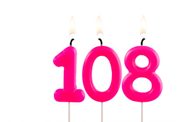 Pink number 108 birthday candle on white background