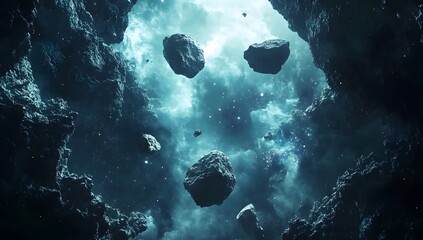 Mysterious Underwater Cave with Floating Rocks and Sunbeams

 