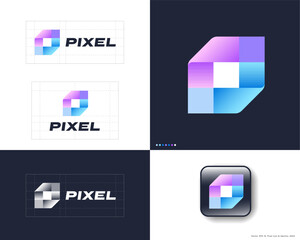 Pixel logo. Pixel symbol consists of violet, pink and blue squares and bended strips. Brand identity, use of colors and app icon.