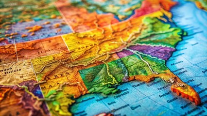 Fototapeta premium Detailed Vibrant Map of Southern United States Featuring State Boundaries, Major Cities, and Geographical Highlights for Educational and Informational Use