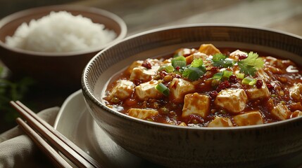 Rich and flavorful mapo tofu with chili flakes and peppercorns, paired with steamed rice and rustic wooden chopsticks.
