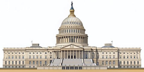 Detailed Vector Illustration of the United States Capitol Building East Front, Isolated on White Background with Editable Outline Stroke for Product Photography Use