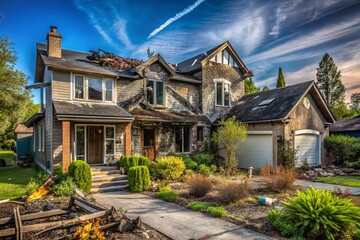Obraz premium Devastated Suburban House After Fire: A Visual Representation of Loss and Recovery in a Community Struck by Tragedy