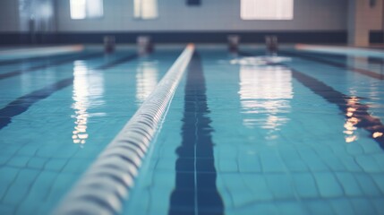 Obraz premium A swimming pool with a focus on the crystal-clear water and lane markers, indoor setting with ambient lighting, Minimalist style