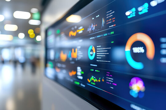 Digital screen displaying order levels and stock data in modern office environment, showcasing various graphs and metrics for analysis and decision making
