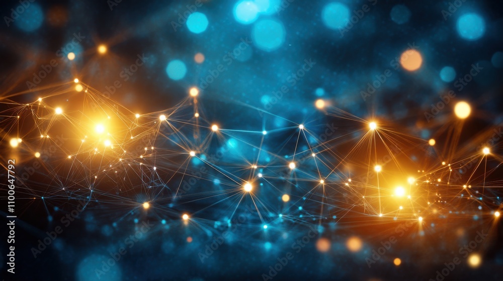 Poster abstract connection network in blue and orange light with bokeh effect
