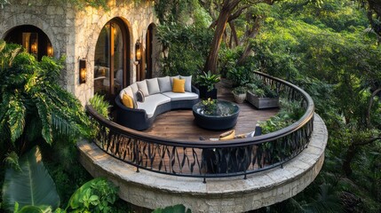 Fototapeta premium Luxurious curved balcony overlooking lush greenery with stone balustrade, wooden deck, and comfortable outdoor seating.